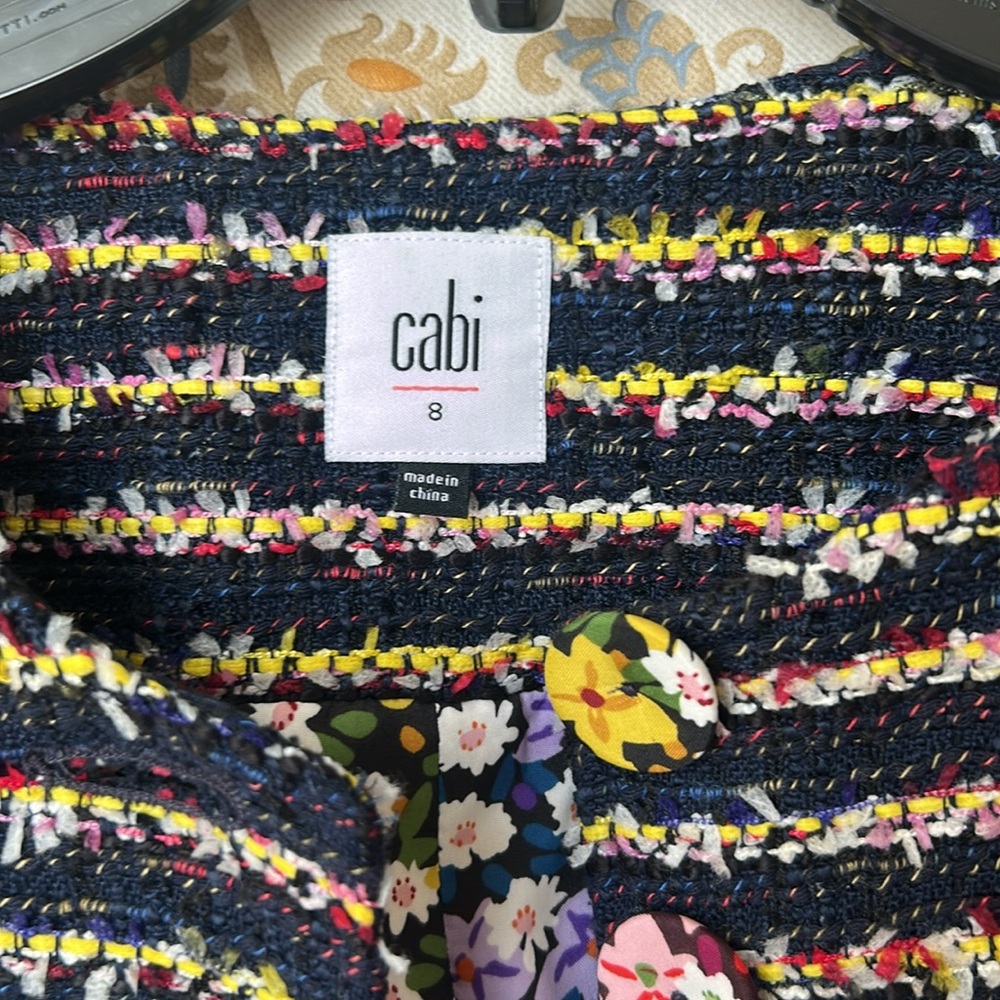 Cabi Women’s Headline Topper‎ Navy Stripe Coat Fringe Confetti Floral Lined 8